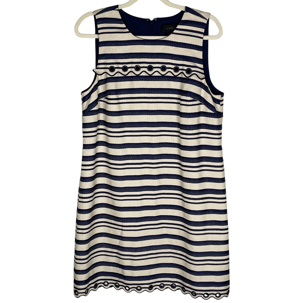 J.Crew Striped Shift Dress Womens 12 Navy Ivory Good Grommet Scalloped Hem